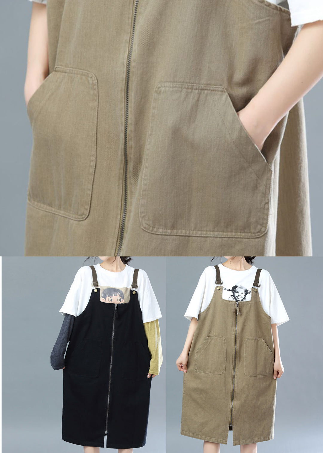 Khaki Cotton Suspender Dresses Zip Up Summer