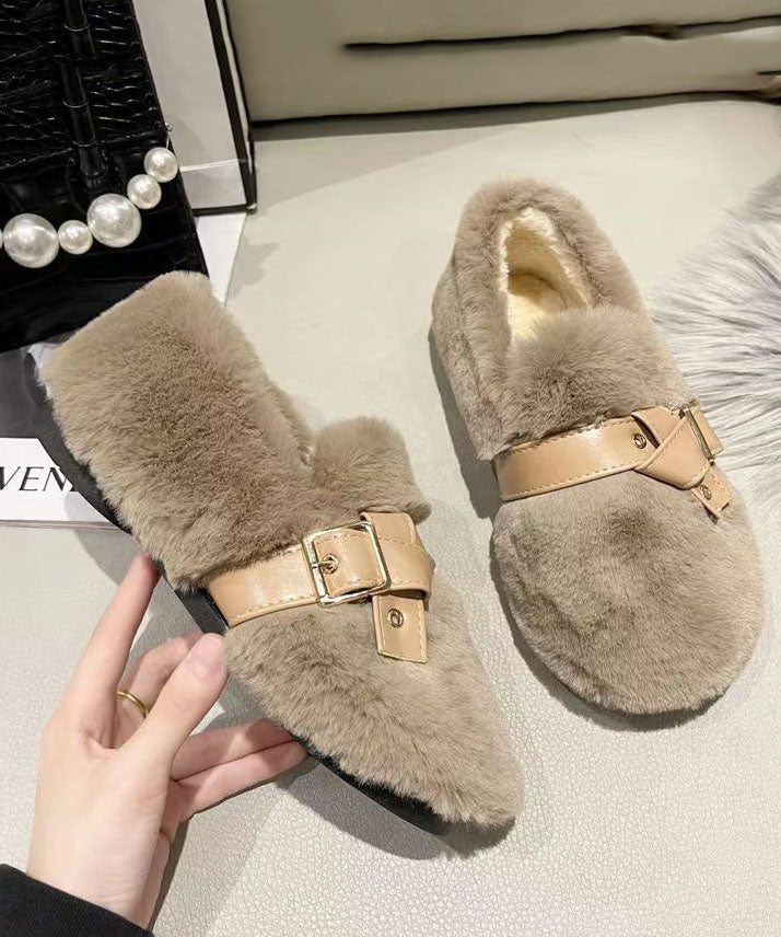 Khaki Fuzzy Fur Flat Shoes Soft Comfy Splicing Buckle Strap