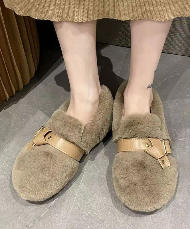 Khaki Fuzzy Fur Flat Shoes Soft Comfy Splicing Buckle Strap