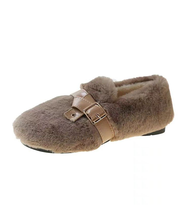 Khaki Fuzzy Fur Flat Shoes Soft Comfy Splicing Buckle Strap