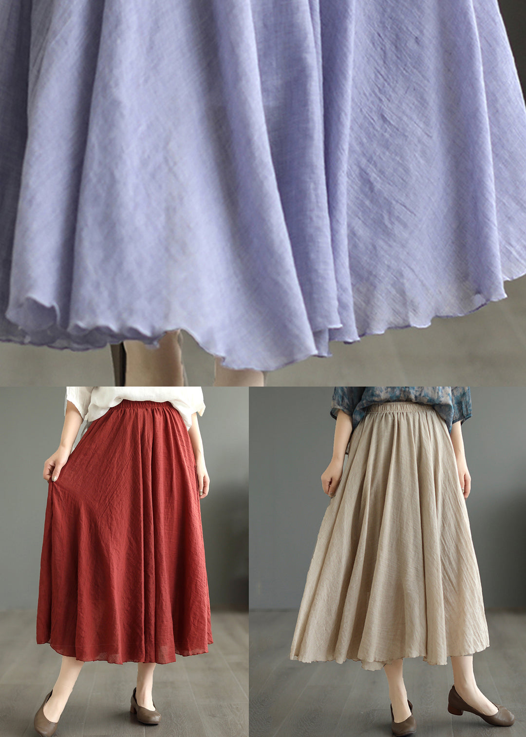 Khaki High Waist Patchwork Cotton Skirt Wrinkled Fall