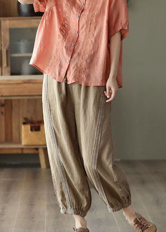 Khaki Hollow Out Patchwork Linen Harem Pants Summer