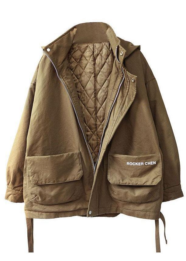 Khaki Hooded Zippered Winter Cotton Long sleeve Coat - Omychic