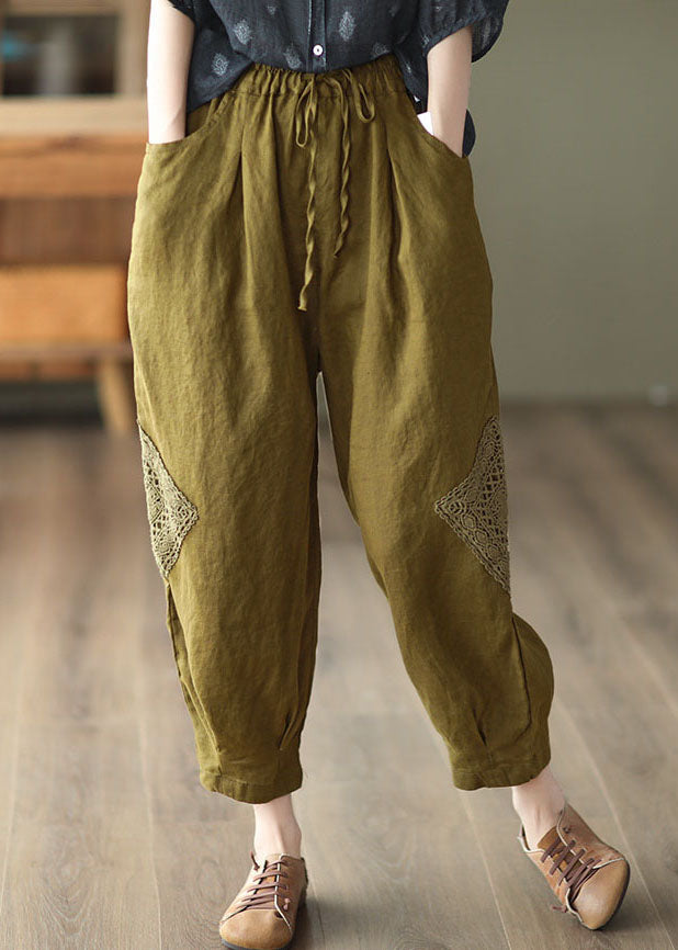 Khaki Lace Patchwork Linen Crop Pants Elastic Waist Solid Fall