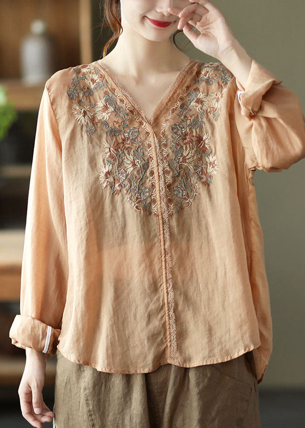 Khaki Lace Patchwork Linen Shirt Top Low High Design Long Sleeve