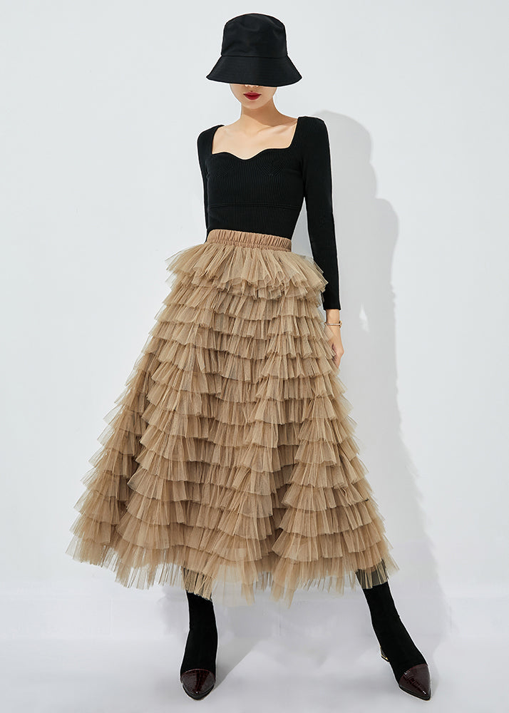 Khaki Layered Tulle A Line Skirt Exra Large Hem Summer - Omychic