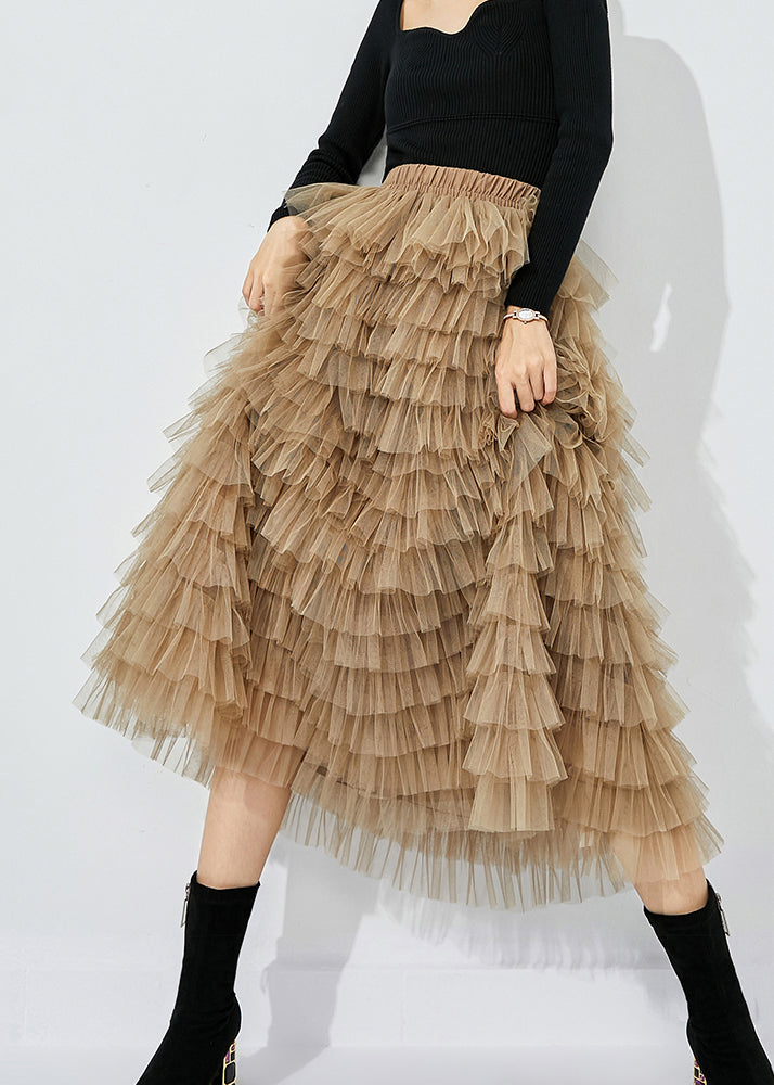 Khaki Layered Tulle A Line Skirt Exra Large Hem Summer - Omychic