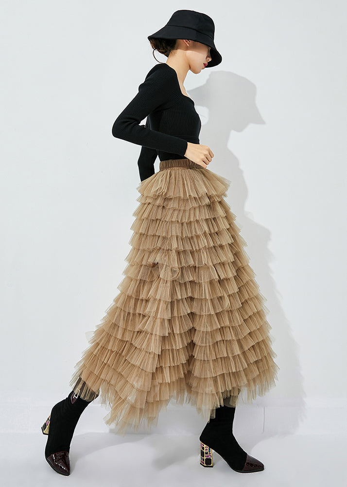 Khaki Layered Tulle A Line Skirt Exra Large Hem Summer - Omychic