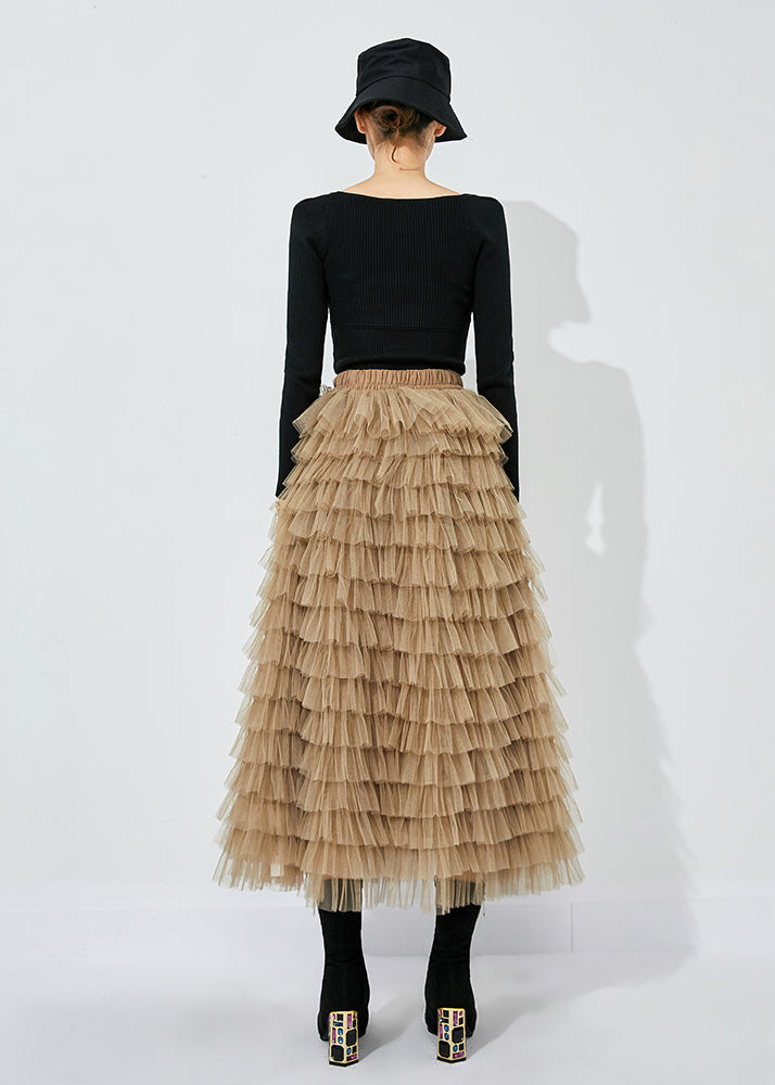 Khaki Layered Tulle A Line Skirt Exra Large Hem Summer - Omychic
