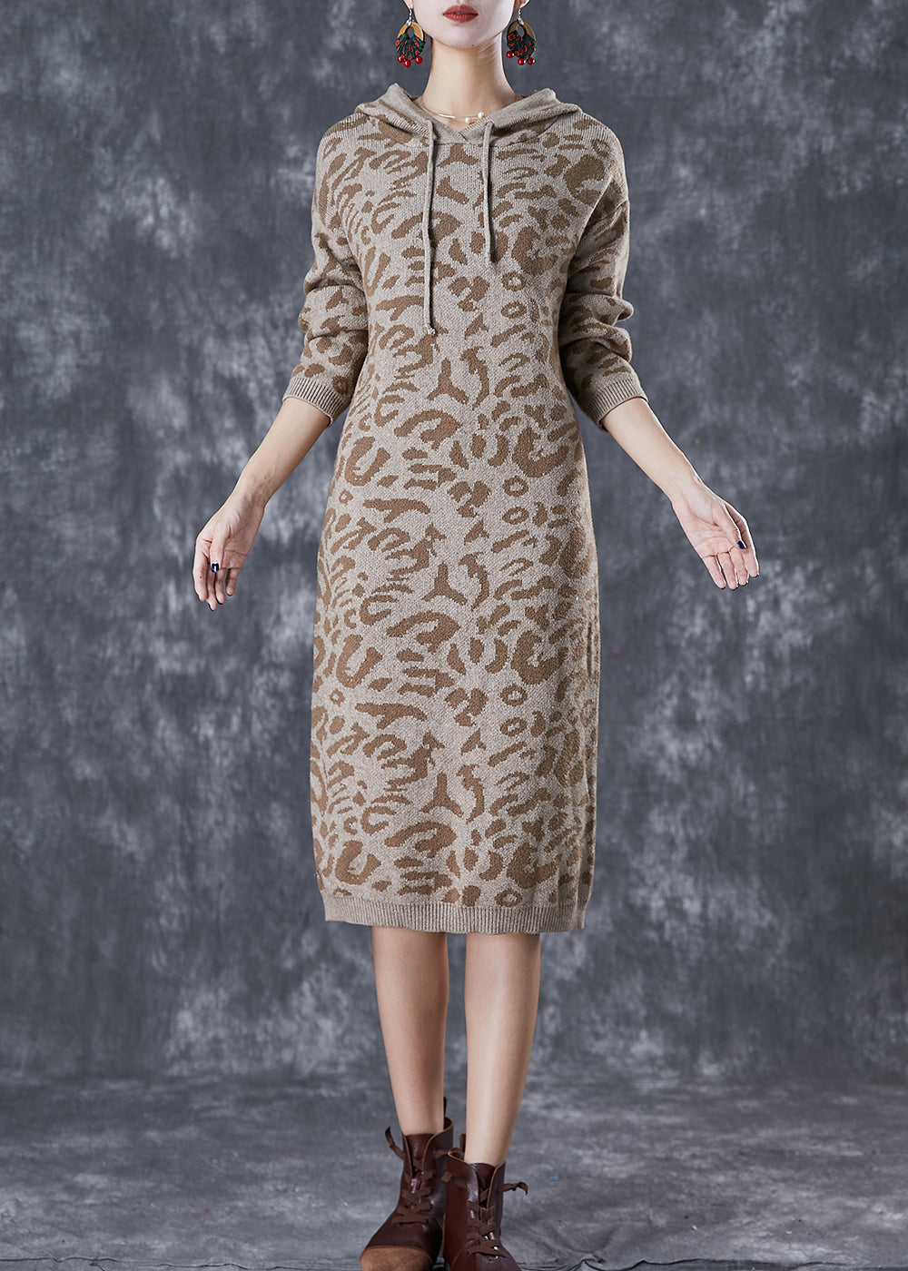 Khaki Leopard Print Knit Sweatshirt Dress Hooded Drawstring Fall