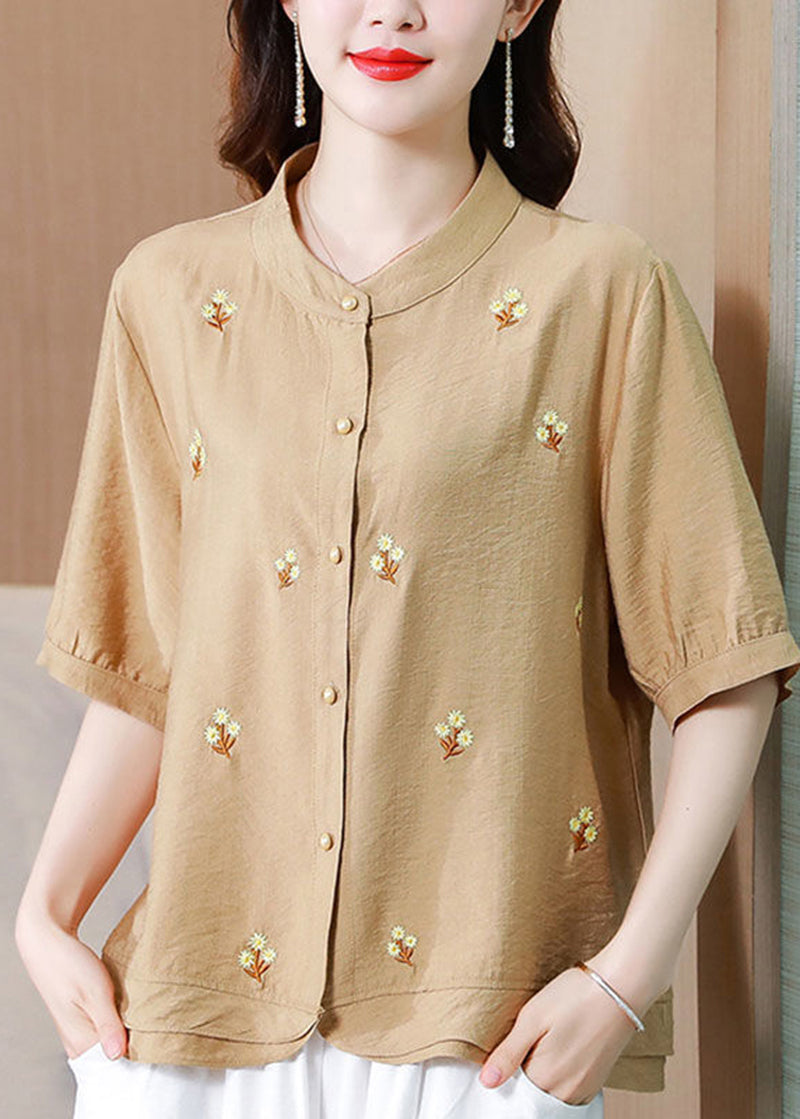 Khaki Linen Blouse Tops Stand Collar Embroideried Half Sleeve