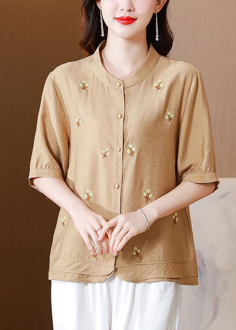 Khaki Linen Blouse Tops Stand Collar Embroideried Half Sleeve