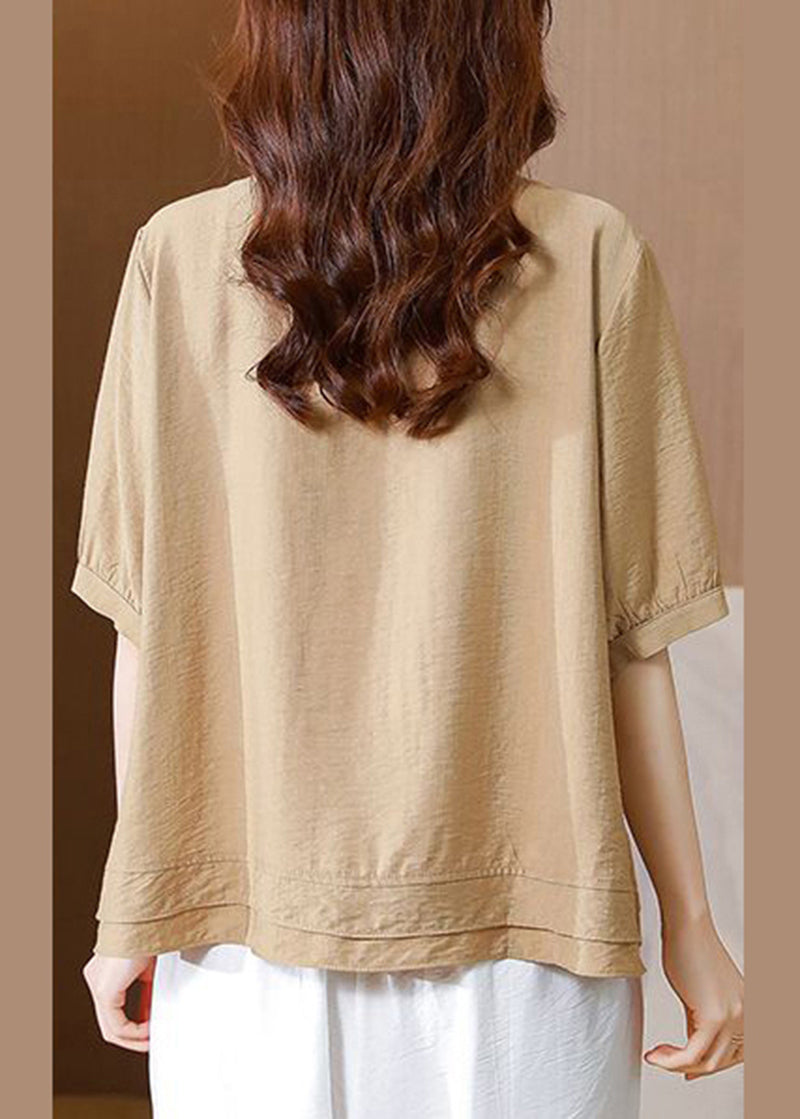 Khaki Linen Blouse Tops Stand Collar Embroideried Half Sleeve