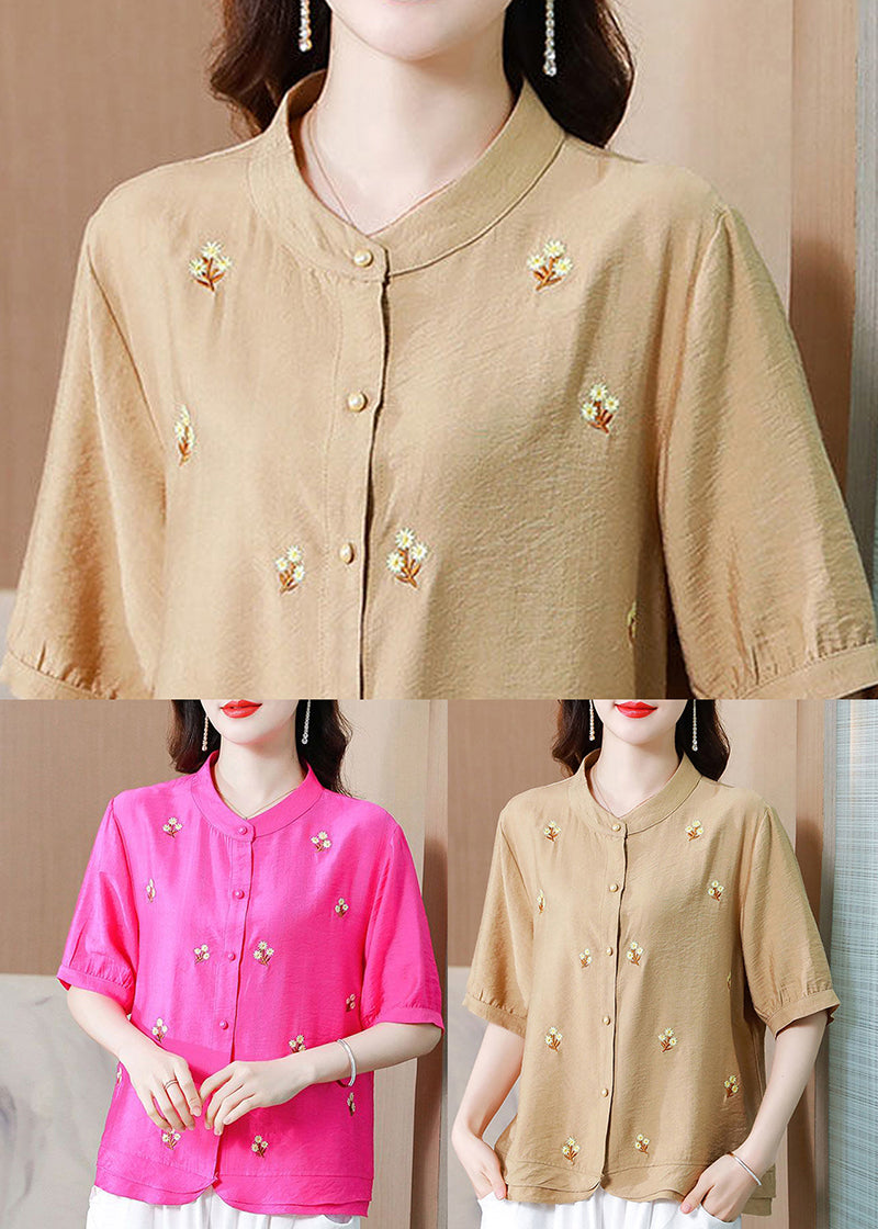 Khaki Linen Blouse Tops Stand Collar Embroideried Half Sleeve