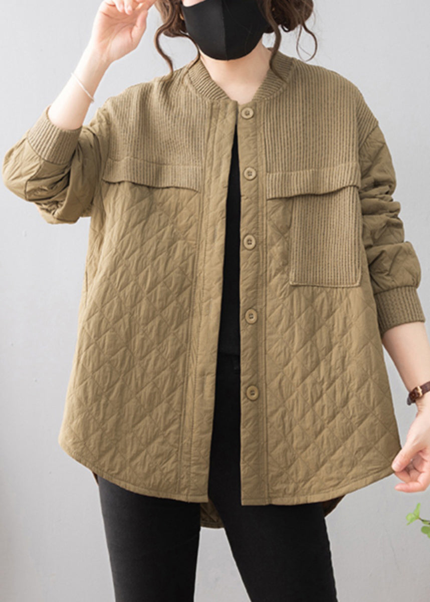 Khaki Low High Design Patchwork Thin Cotton Coat Stand Collar Winter
