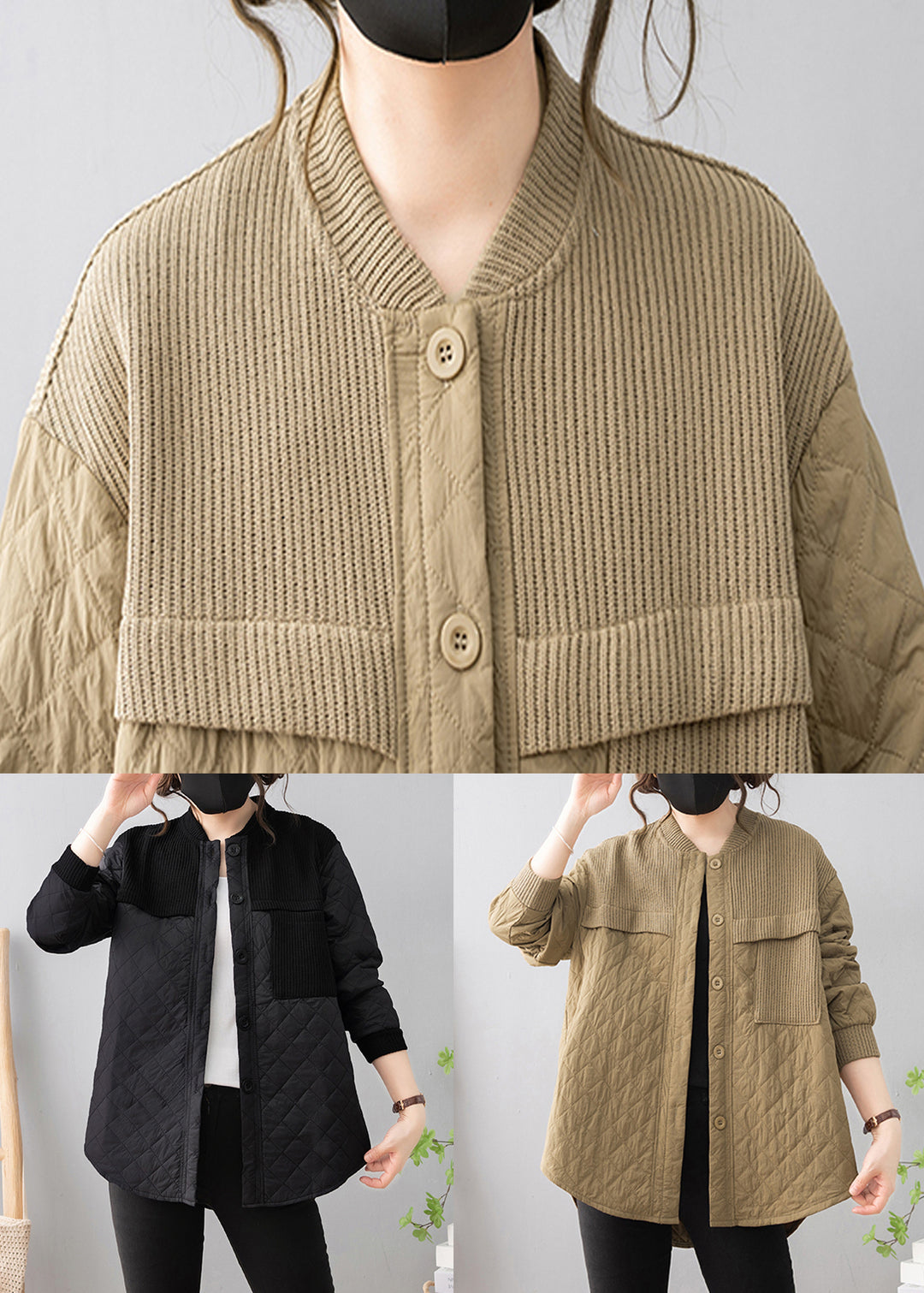 Khaki Low High Design Patchwork Thin Cotton Coat Stand Collar Winter