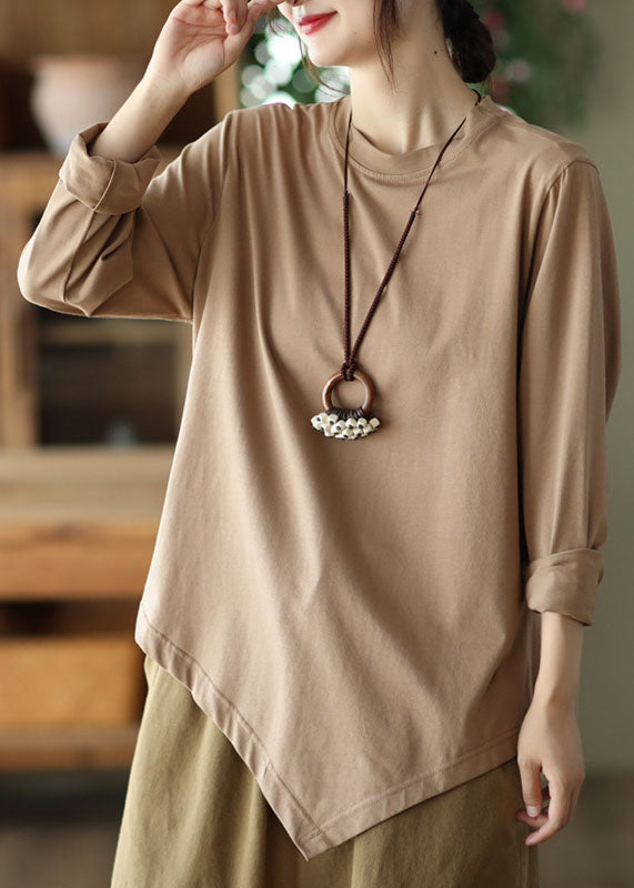 Khaki Oversized Cotton Shirt Top Asymmetrical Design Spring