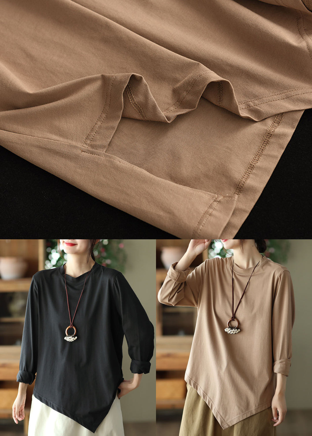 Khaki Oversized Cotton Shirt Top Asymmetrical Design Spring