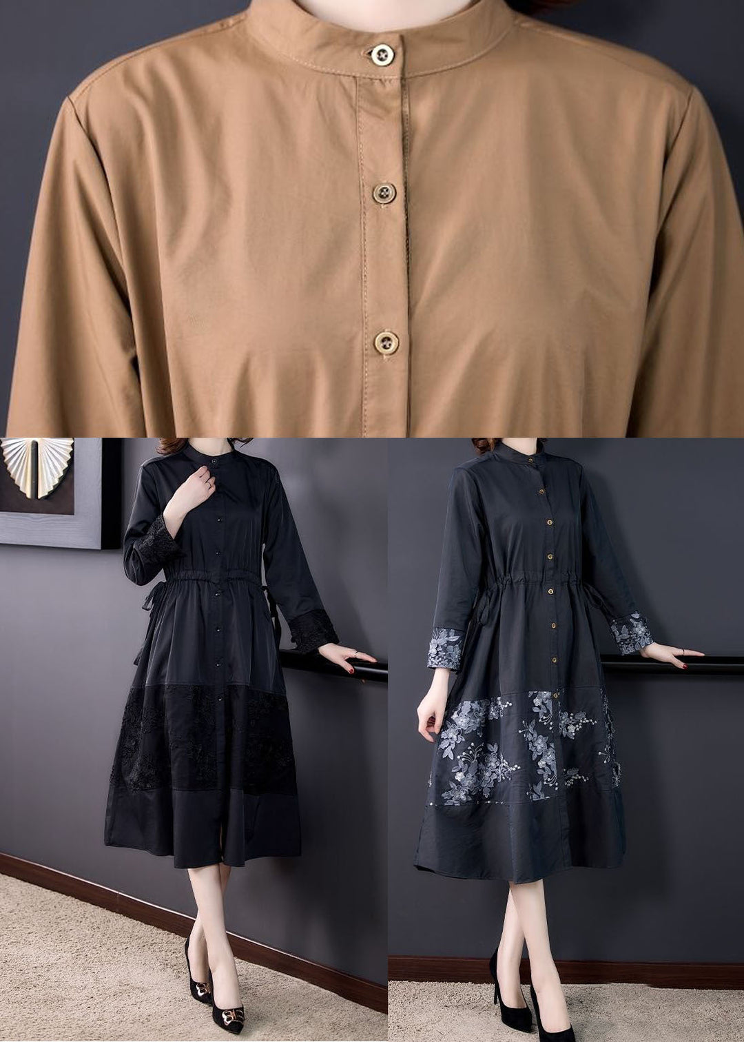 Khaki Patchwork Cotton Coats Stand Collar Drawstring Long Sleeve
