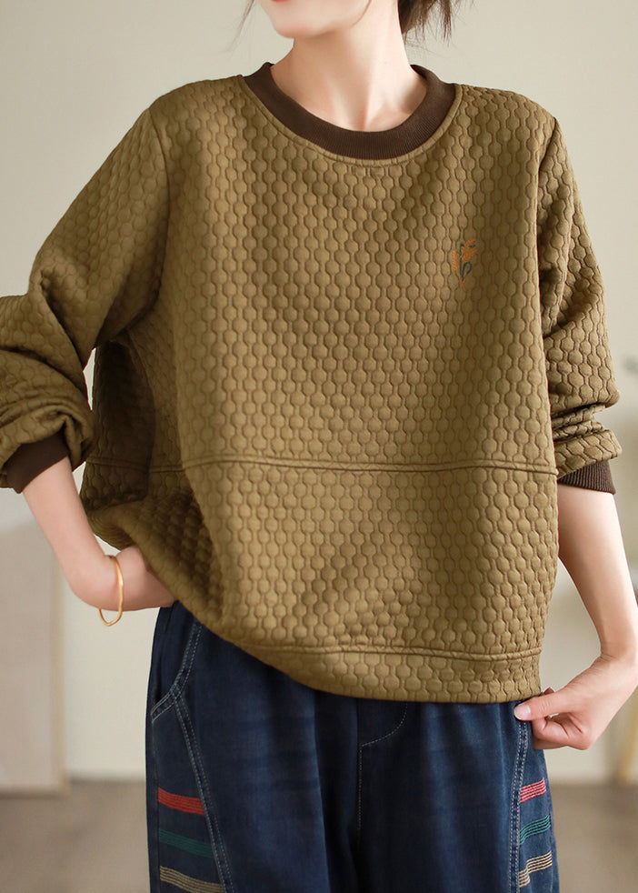 Khaki Patchwork Cotton Pullover Sweatshirt Embroideried O Neck Fall