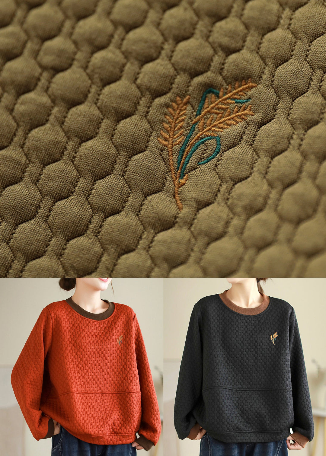 Khaki Patchwork Cotton Pullover Sweatshirt Embroideried O Neck Fall