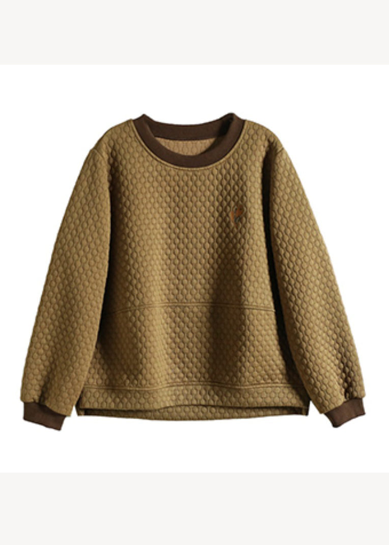 Khaki Patchwork Cotton Pullover Sweatshirt Embroideried O Neck Fall