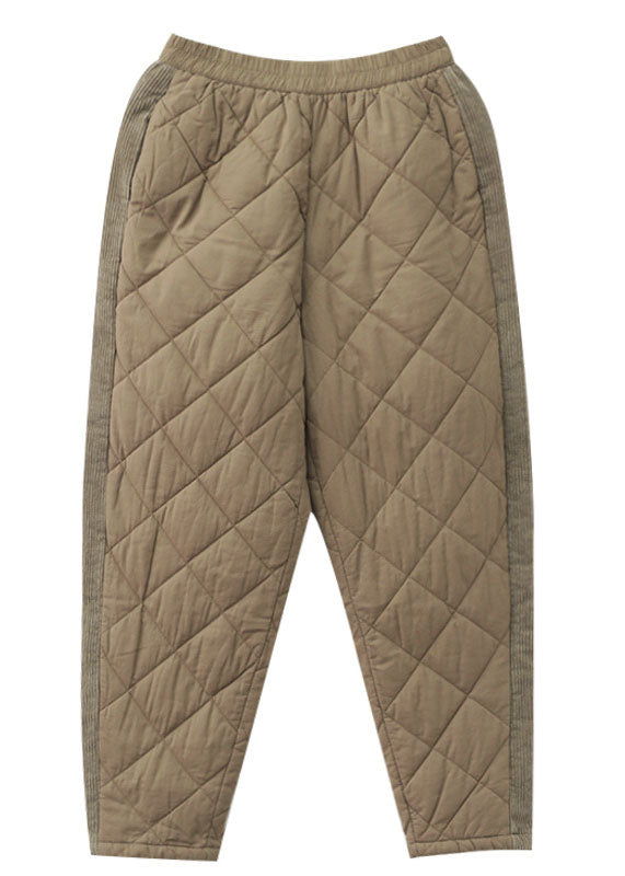 Khaki Patchwork Fine Cotton Filled Harem Pants Thick Pockets Winter