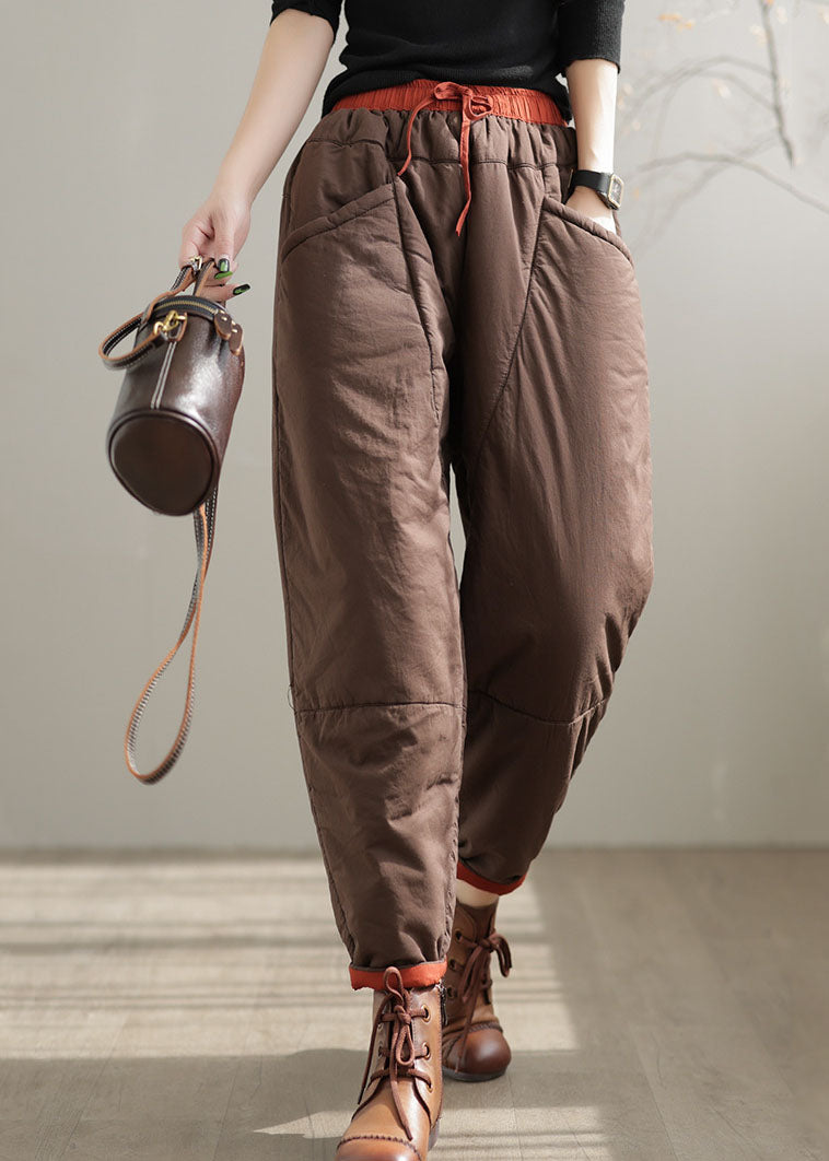 Khaki Patchwork Fine Cotton Filled Pants Elastic Waist Oversized Drawstring Winter