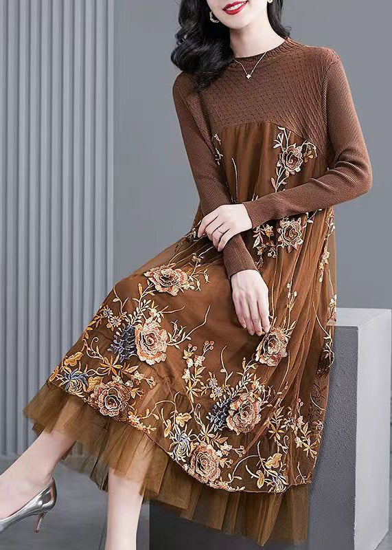 Khaki Patchwork Knit Party Dress Embroideried Spring