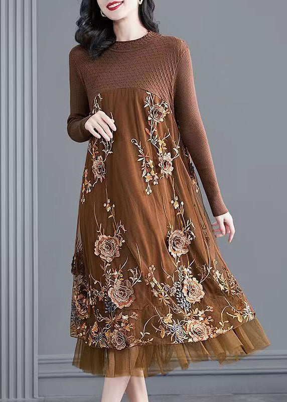 Khaki Patchwork Knit Party Dress Embroideried Spring