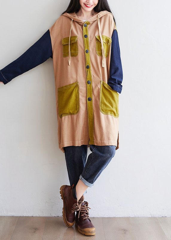 Khaki Patchwork Linen Coat Oversized Drawstring Spring