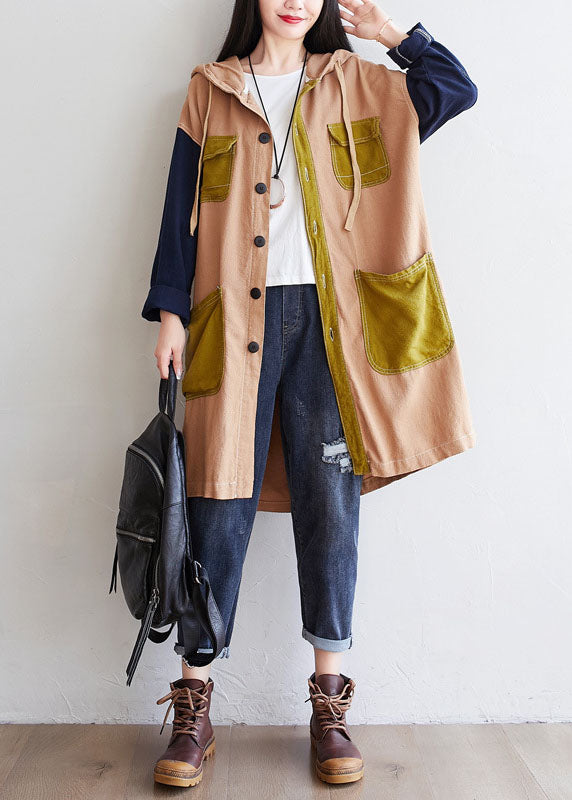 Khaki Patchwork Linen Coat Oversized Drawstring Spring