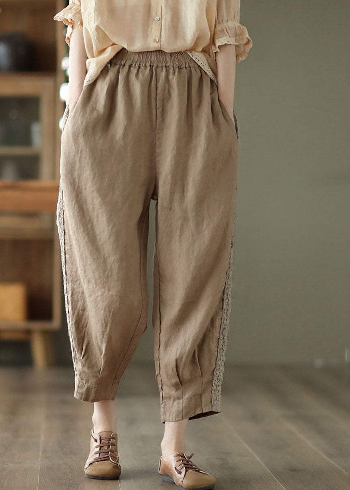 Khaki Patchwork Linen Crop Pants Elastic Waist Oversized Pockets Spring