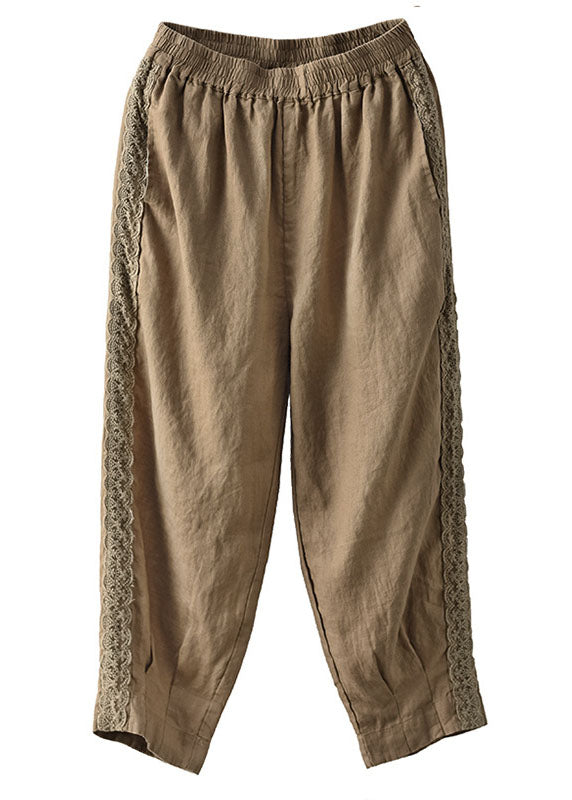 Khaki Patchwork Linen Crop Pants Elastic Waist Oversized Pockets Spring