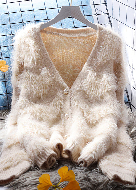 Khaki Patchwork Mink Hair Knitted Cardigan V Neck Button Fall