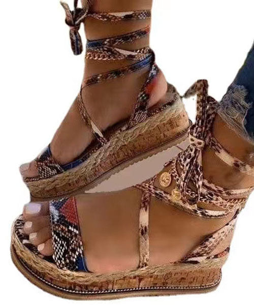 Khaki Peep Toe Faux Leather Splicing Lace Up Platform Sandals