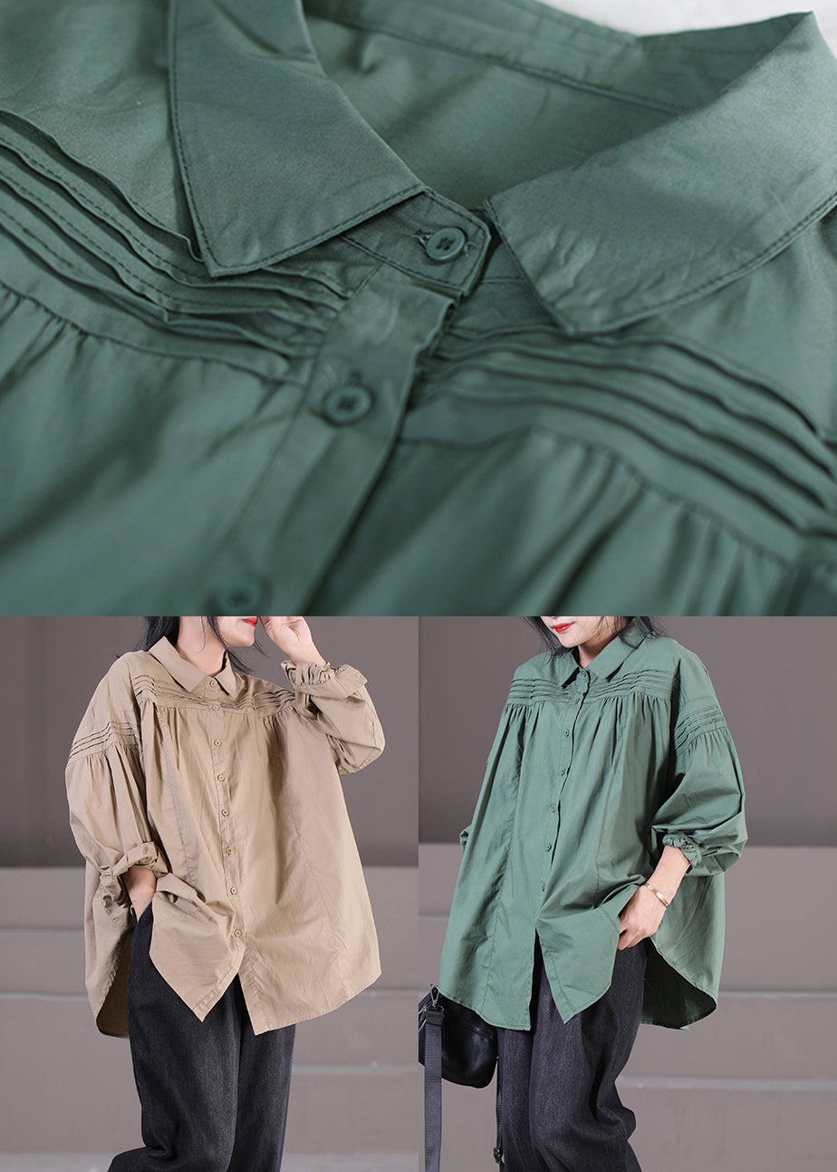 Khaki Peter Pan Collar Button Shirts Long Sleeve