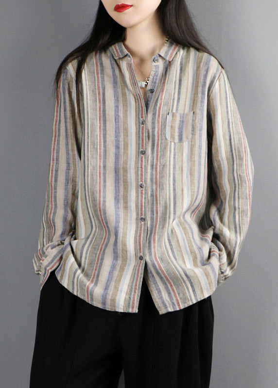 Khaki Peter Pan Collar Striped Button Linen Shirt Long Sleeve