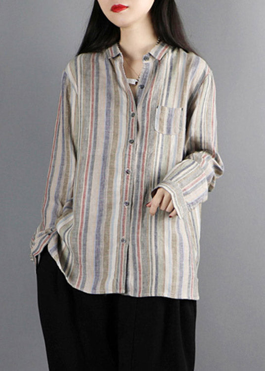 Khaki Peter Pan Collar Striped Button Linen Shirt Long Sleeve