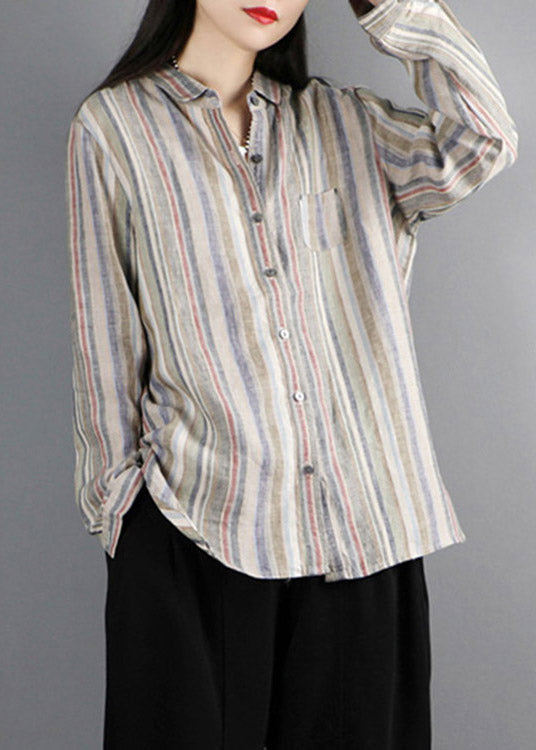 Khaki Peter Pan Collar Striped Button Linen Shirt Long Sleeve