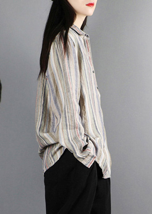 Khaki Peter Pan Collar Striped Button Linen Shirt Long Sleeve