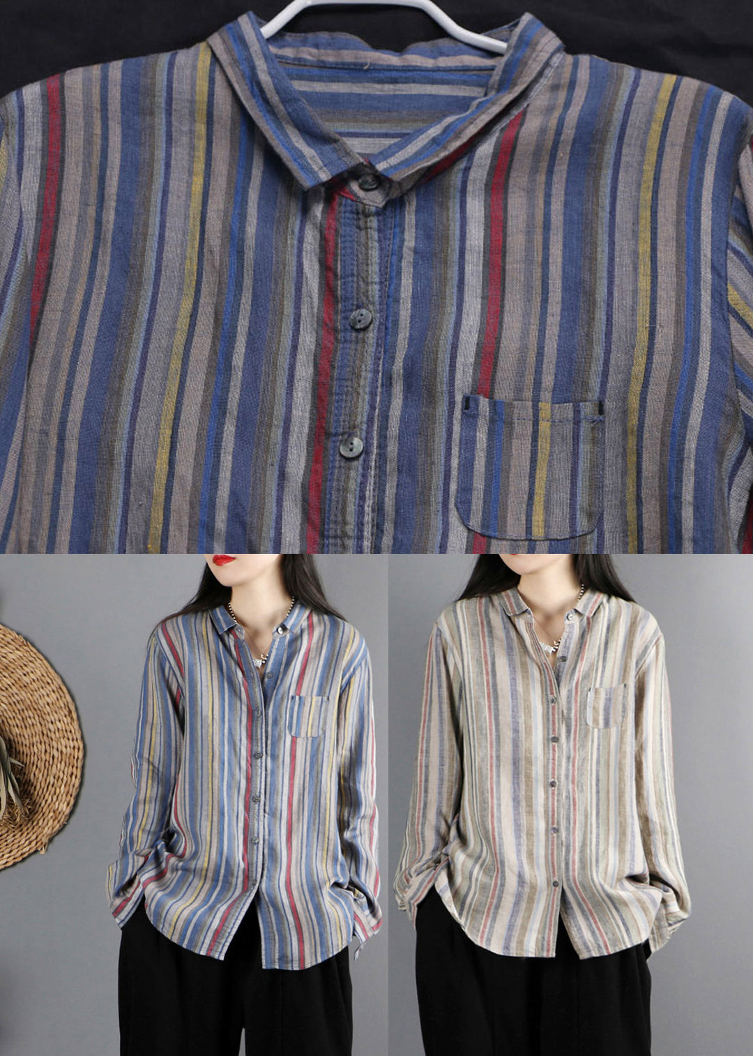 Khaki Peter Pan Collar Striped Button Linen Shirt Long Sleeve