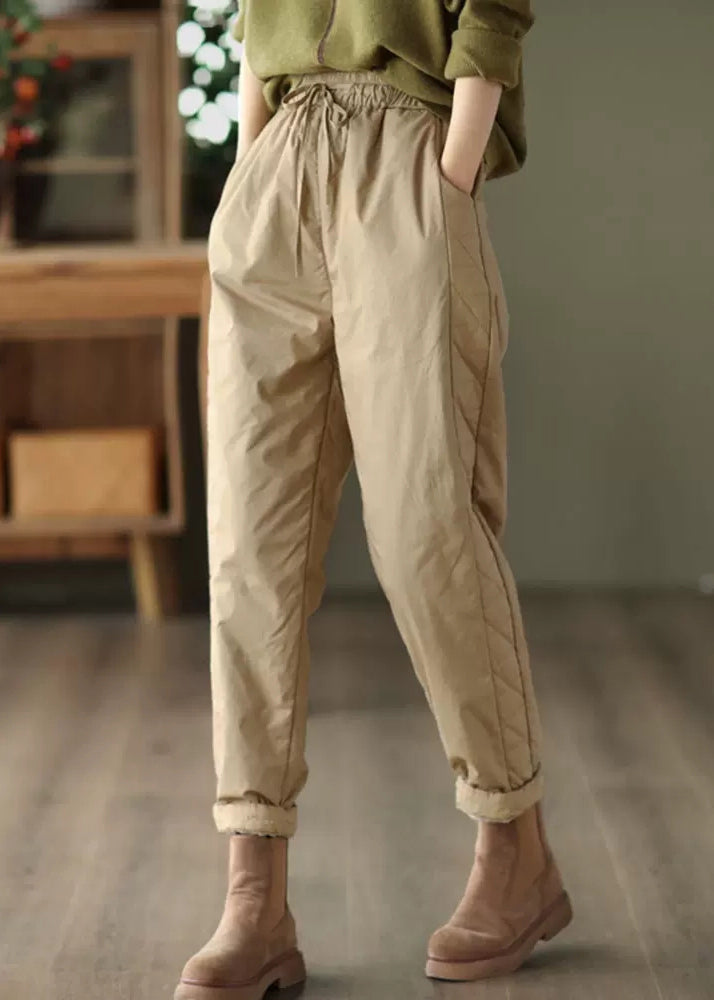 Khaki Pockets Patchwork Fine Cotton Filled Pants Elastic Waist Winter