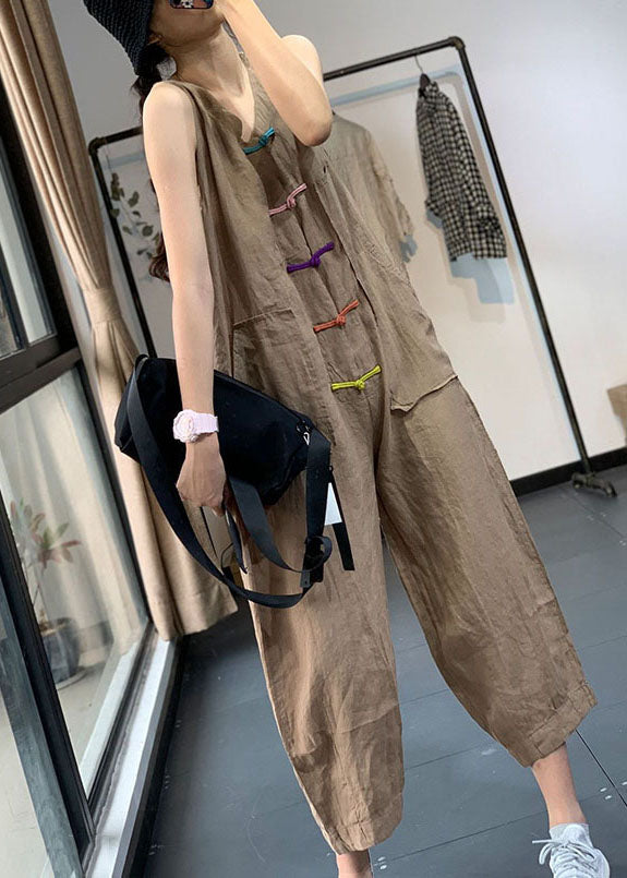 Khaki Pockets Patchwork Linen Jumpsuits Chinese Button Sleeveless