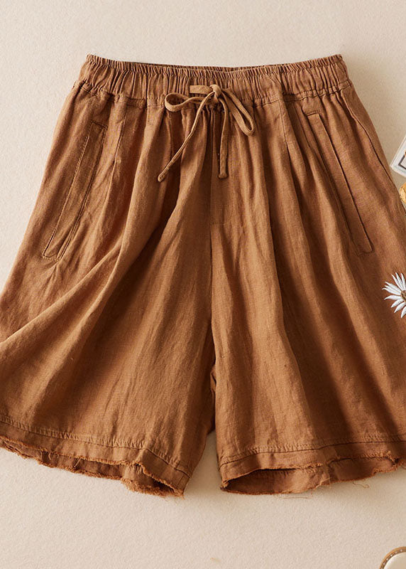 Khaki Pockets Patchwork Linen Shorts Embroideried Cinched Summer
