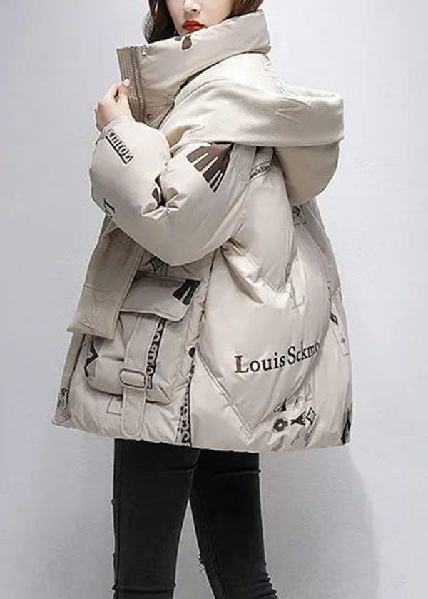 Khaki Print Duck Down Puffer Jacket Hooded Oversized Winter