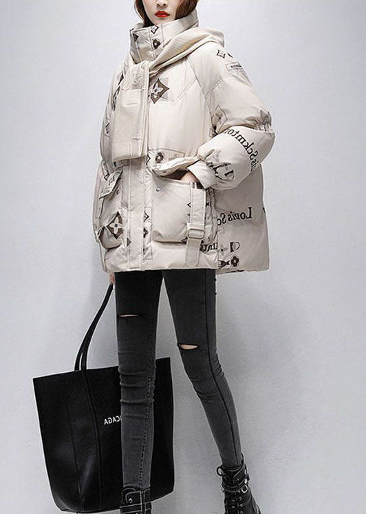 Khaki Print Duck Down Puffer Jacket Hooded Oversized Winter