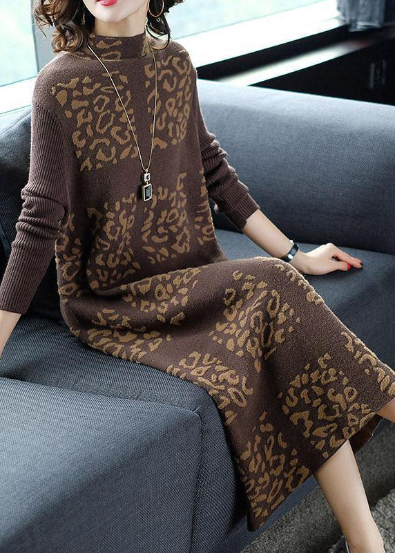 Khaki Print Knit Sweater Dress Stand Collar Winter