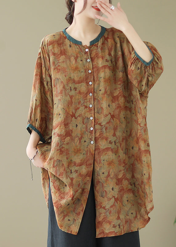 Khaki Print Linen Shirt Dresses O-Neck Oversized Lantern Sleeve