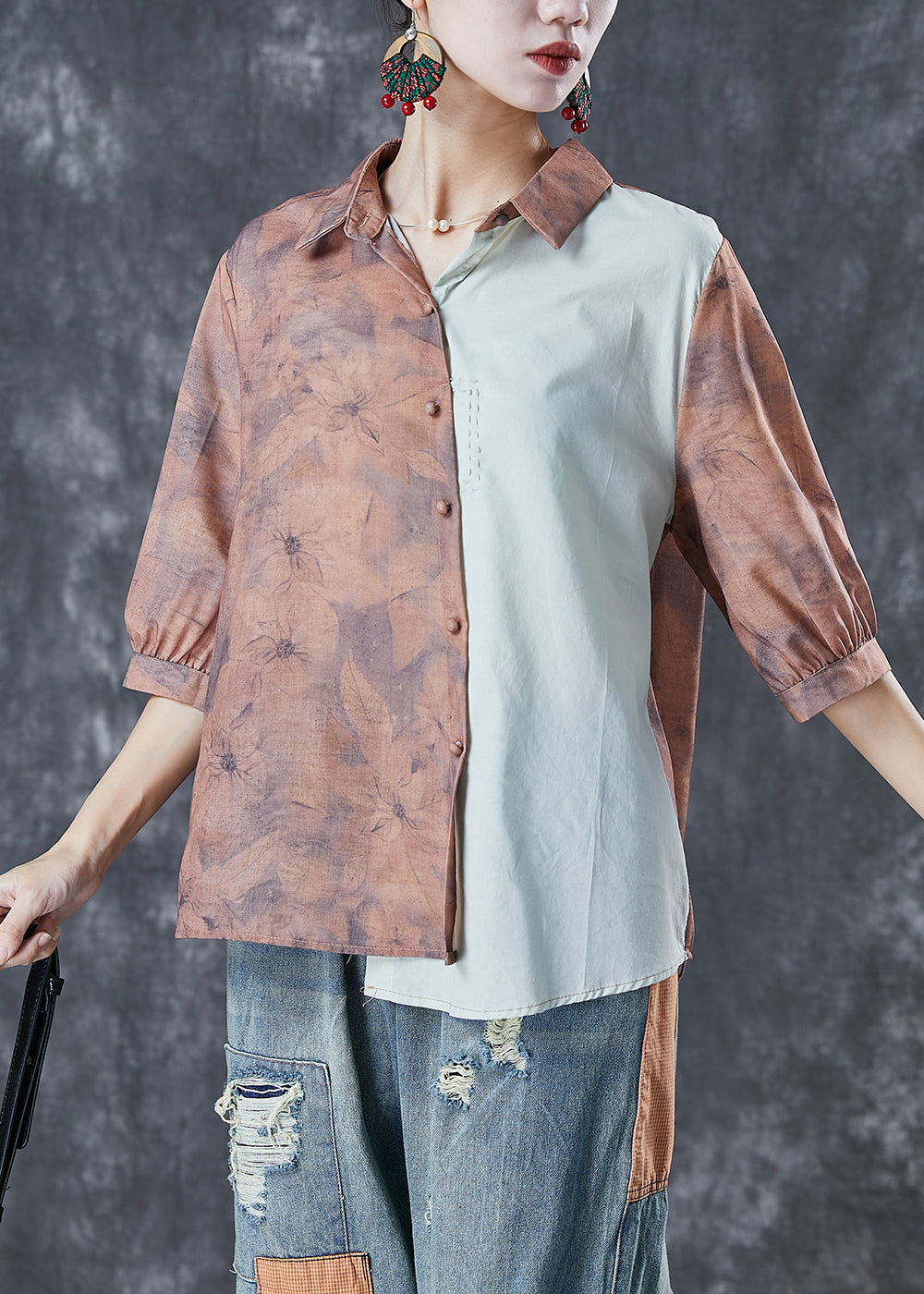 Khaki Print Patchwork Linen Shirt Top Asymmetrical Half Sleeve